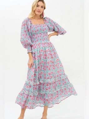 Oliphant Smocked Top Ruffle Midi Dress Zohar Blue NWT Rare Find Size S $298